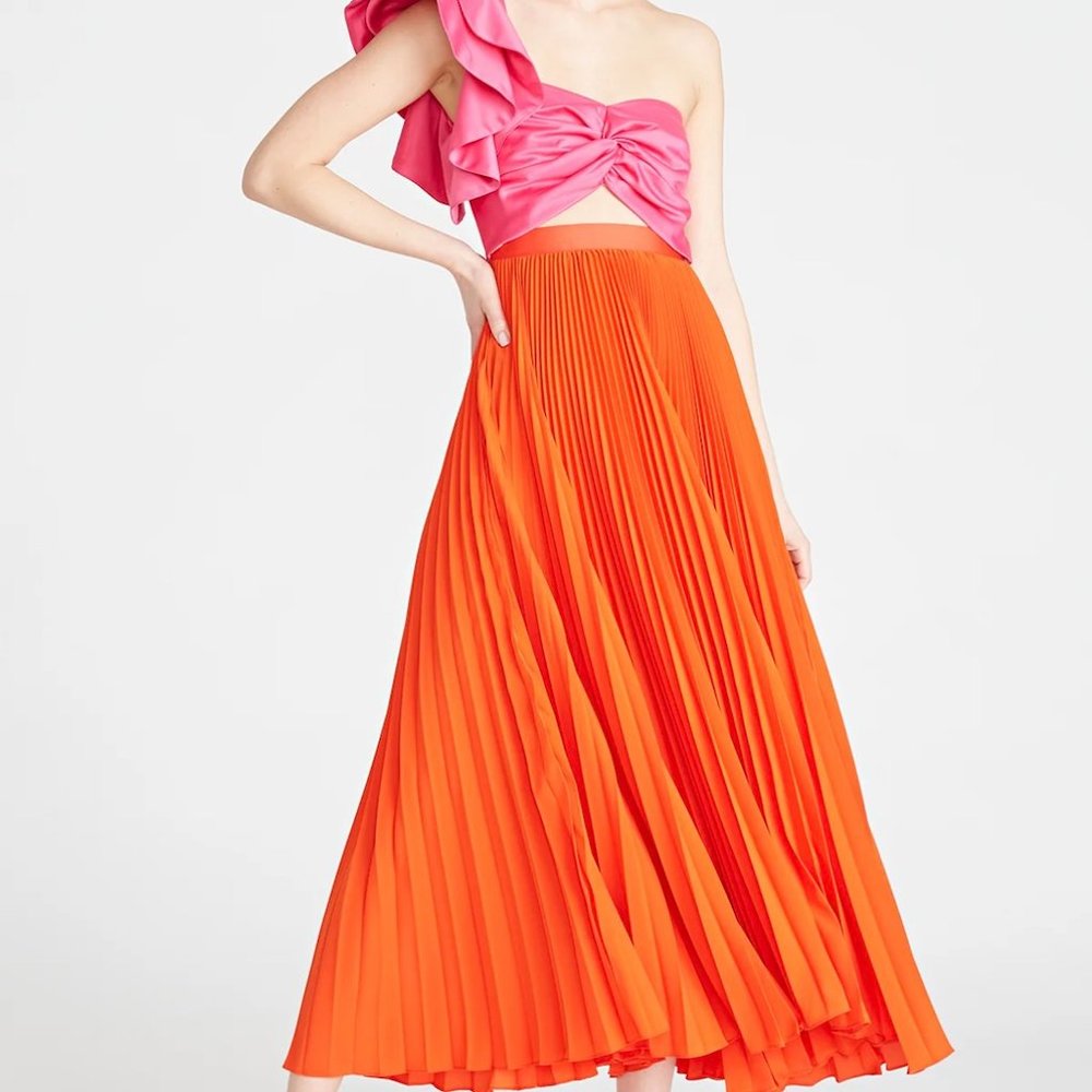 Pink AMUR Cleopatra Pleated One-Shoulder Midi Dress